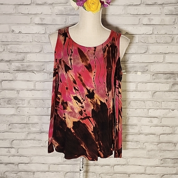 TMG New York Cold Shoulder Red Brown Tie Dye Top - Picture 2 of 14
